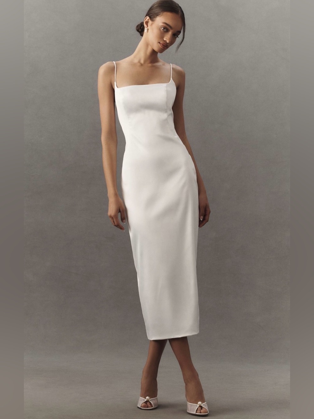Anthropologie BHLDN Square-Neck Satin Midi Dress White XS